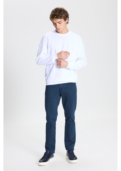 Erkek Beyaz Oversize Bol Kesim 3 Iplik Bisiklet Yaka Pamuklu Sweatshirt