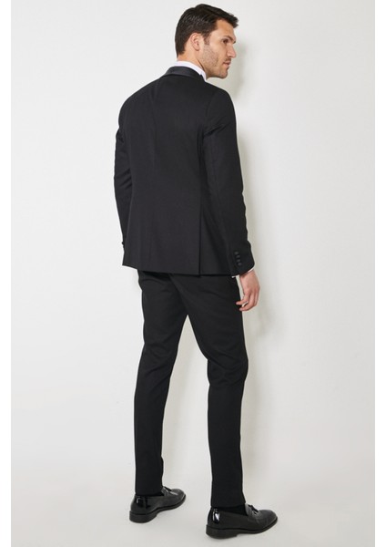 ALTINYILDIZ CLASSICS Erkek Siyah Slim Fit Dar Kesim Mono Yaka Balıksırtı Desenli Smokin Damatlık
