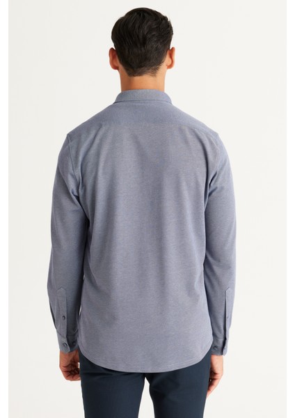 ALTINYILDIZ CLASSICS Erkek Lacivert Slim Fit Dar Kesim Düğmeli Yaka Pike Desenli Örme Gömlek