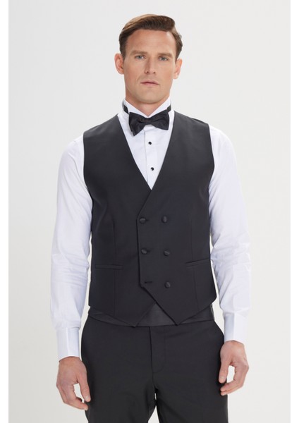ALTINYILDIZ CLASSICS Erkek Siyah Slim Fit Dar Kesim Kırlangıç Yaka Klasik Düz Yelekli Smokin Takım