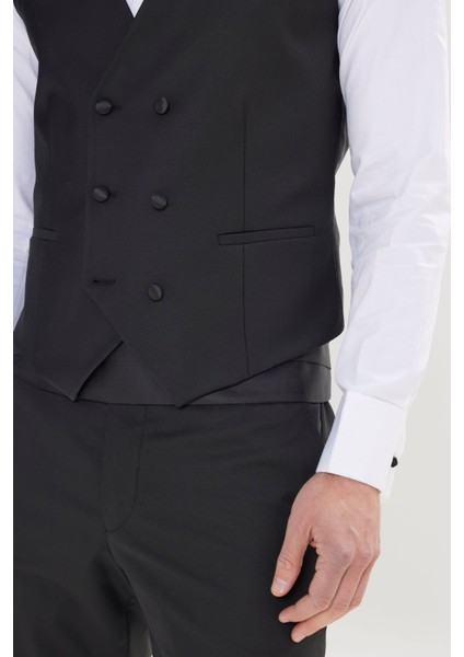 ALTINYILDIZ CLASSICS Erkek Siyah Slim Fit Dar Kesim Kırlangıç Yaka Klasik Düz Yelekli Smokin Takım