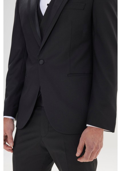 ALTINYILDIZ CLASSICS Erkek Siyah Slim Fit Dar Kesim Kırlangıç Yaka Klasik Düz Yelekli Smokin Takım