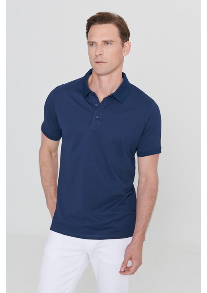 AC&Co / Altınyıldız Classics Erkek Çekmeyen Pamuklu Kumaş Slim Fit Dar Kesim Lacivert Kıvrılmaz Polo Yaka Tişört