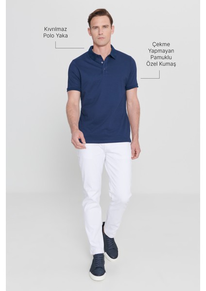 AC&Co / Altınyıldız Classics Erkek Çekmeyen Pamuklu Kumaş Slim Fit Dar Kesim Lacivert Kıvrılmaz Polo Yaka Tişört