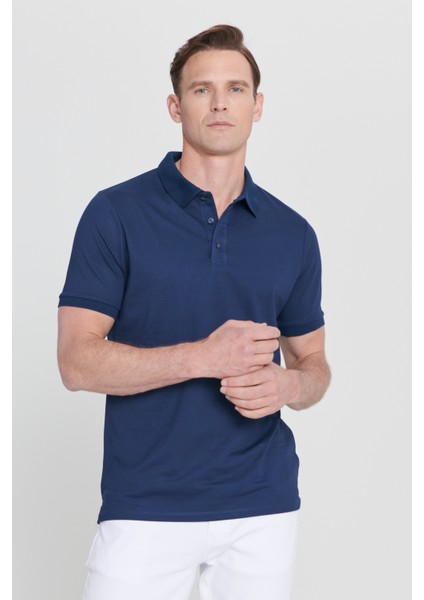 AC&Co / Altınyıldız Classics Erkek Çekmeyen Pamuklu Kumaş Slim Fit Dar Kesim Lacivert Kıvrılmaz Polo Yaka Tişört