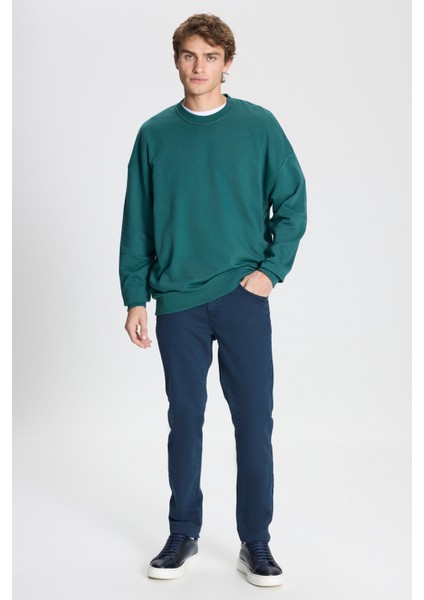 Erkek Koyu Yeşil Oversize Bol Kesim 3 Iplik Bisiklet Yaka Pamuklu Sweatshirt