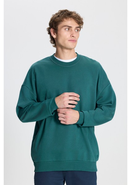 Erkek Koyu Yeşil Oversize Bol Kesim 3 Iplik Bisiklet Yaka Pamuklu Sweatshirt