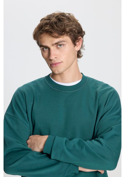 Erkek Koyu Yeşil Oversize Bol Kesim 3 Iplik Bisiklet Yaka Pamuklu Sweatshirt