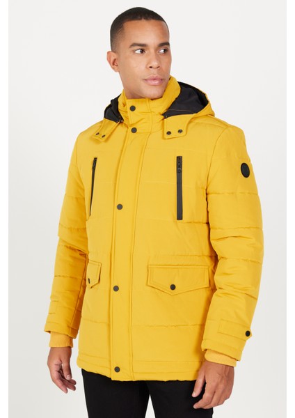 Erkek Sarı Standart Fit Normal Kesim Dik Yaka Soğuk Geçirmez Outdoor Kaban