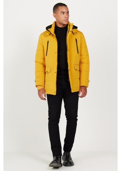 Erkek Sarı Standart Fit Normal Kesim Dik Yaka Soğuk Geçirmez Outdoor Kaban