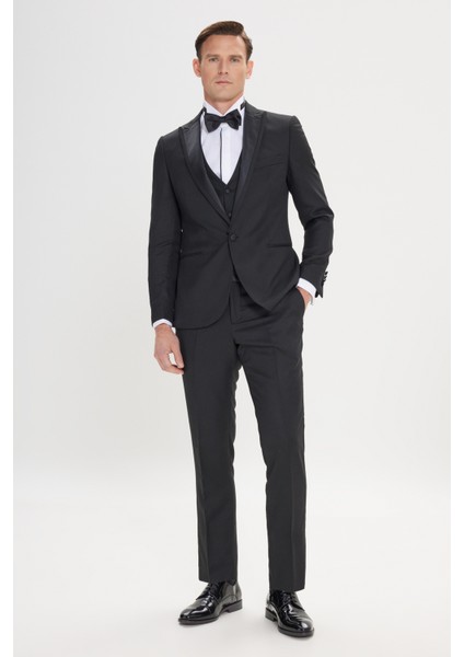 ALTINYILDIZ CLASSICS Erkek Siyah Slim Fit Dar Kesim Kırlangıç Yaka Desenli Yelekli Smokin Takım