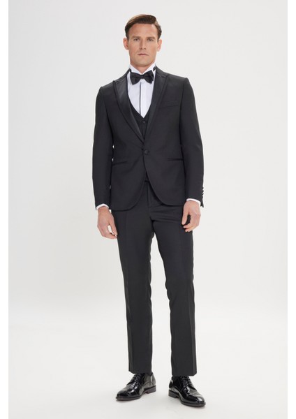 ALTINYILDIZ CLASSICS Erkek Siyah Slim Fit Dar Kesim Kırlangıç Yaka Desenli Yelekli Smokin Takım