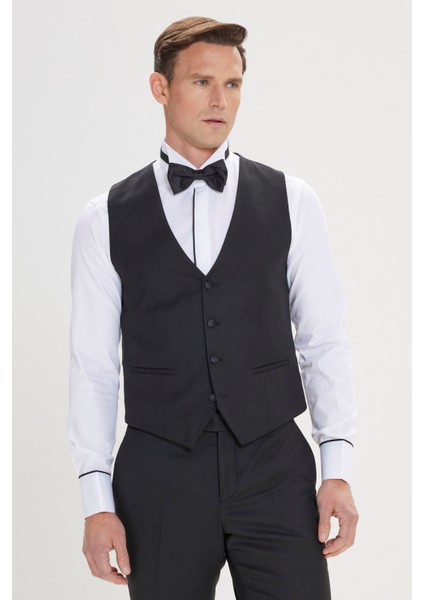 ALTINYILDIZ CLASSICS Erkek Siyah Slim Fit Dar Kesim Kırlangıç Yaka Desenli Yelekli Smokin Takım