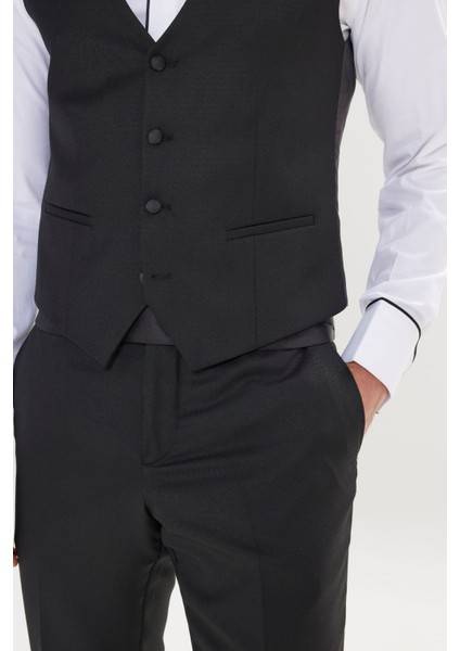 ALTINYILDIZ CLASSICS Erkek Siyah Slim Fit Dar Kesim Kırlangıç Yaka Desenli Yelekli Smokin Takım