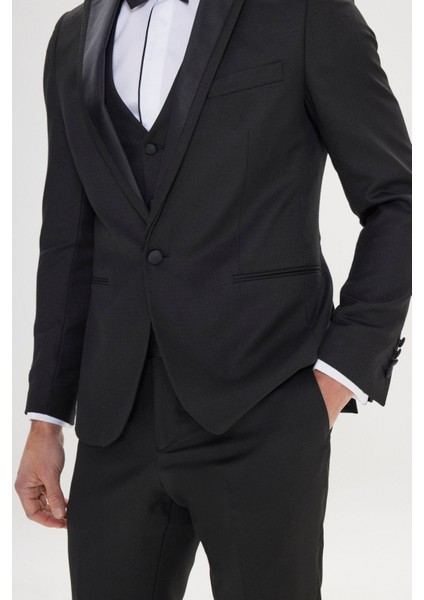 ALTINYILDIZ CLASSICS Erkek Siyah Slim Fit Dar Kesim Kırlangıç Yaka Desenli Yelekli Smokin Takım