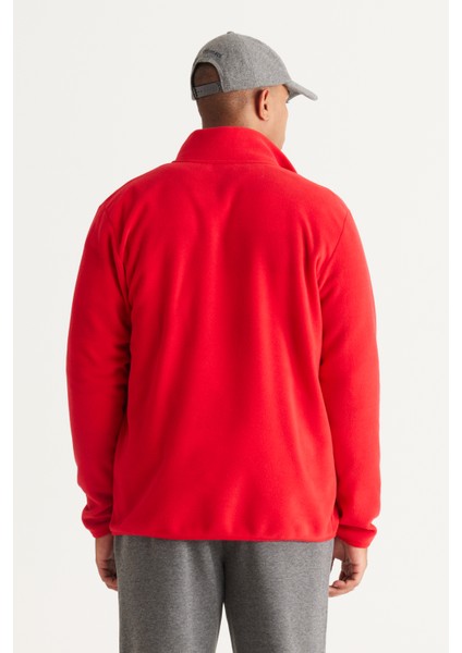 Erkek Kırmızı Standart Fit Normal Kesim Soğuk Geçirmez Dik Yaka Polar Sweatshirt Ceket