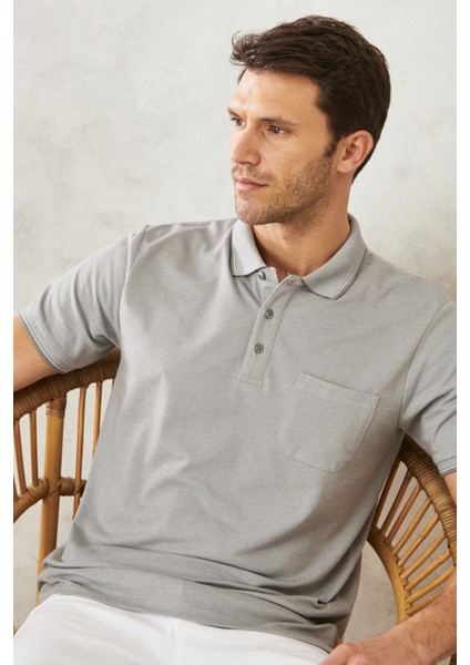 AC&Co / Altınyıldız Classics Erkek Çekmeyen Pamuklu Kumaş Regular Fit Rahat Kesim Gri Kıvrılmaz Polo Yaka Cepli Tişört fırsatları