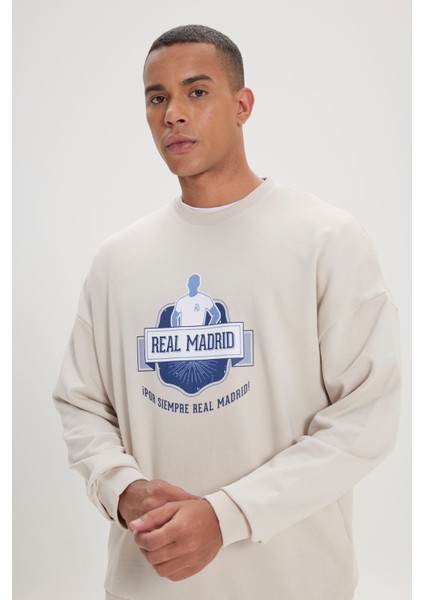 Real Madrid Lisanslı 3 İplik Pamuklu Oversize Fit Bol Kesim Erkek Açık Bej Bisiklet Yaka Sweatshirt