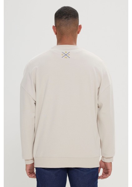 Real Madrid Lisanslı 3 İplik Pamuklu Oversize Fit Bol Kesim Erkek Açık Bej Bisiklet Yaka Sweatshirt