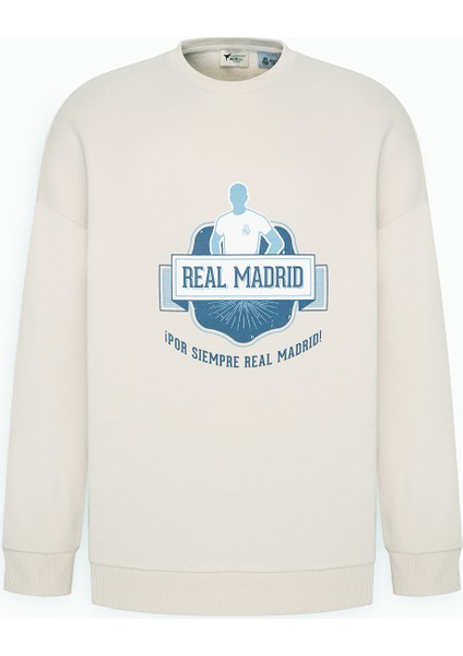 Real Madrid Lisanslı 3 İplik Pamuklu Oversize Fit Bol Kesim Erkek Açık Bej Bisiklet Yaka Sweatshirt
