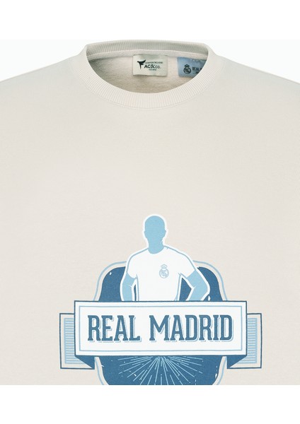 Real Madrid Lisanslı 3 İplik Pamuklu Oversize Fit Bol Kesim Erkek Açık Bej Bisiklet Yaka Sweatshirt