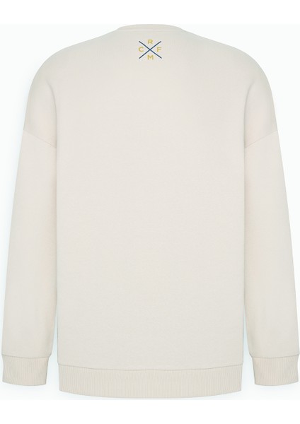 Real Madrid Lisanslı 3 İplik Pamuklu Oversize Fit Bol Kesim Erkek Açık Bej Bisiklet Yaka Sweatshirt