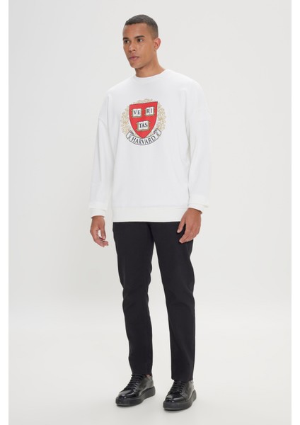 Harvard Lisanslı 3 İplik Pamuklu Oversize Fit Bol Kesim Erkek Ekru Bisiklet Yaka Sweatshirt