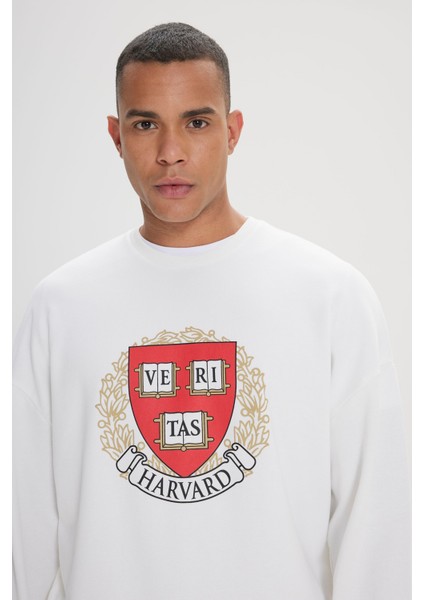 Harvard Lisanslı 3 İplik Pamuklu Oversize Fit Bol Kesim Erkek Ekru Bisiklet Yaka Sweatshirt