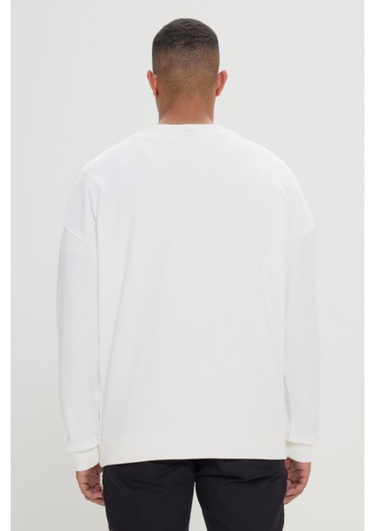 Harvard Lisanslı 3 İplik Pamuklu Oversize Fit Bol Kesim Erkek Ekru Bisiklet Yaka Sweatshirt