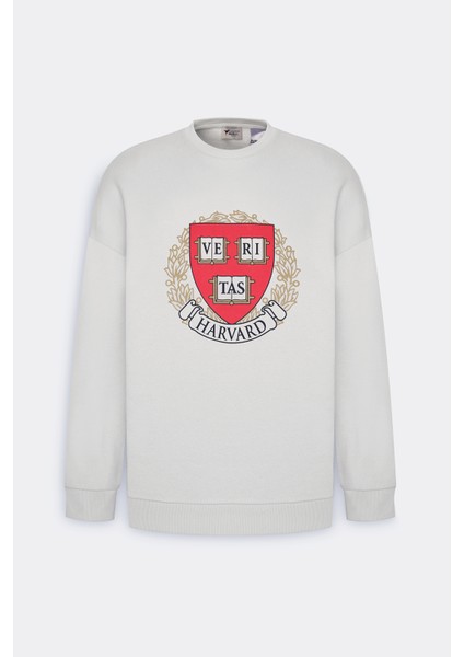 Harvard Lisanslı 3 İplik Pamuklu Oversize Fit Bol Kesim Erkek Ekru Bisiklet Yaka Sweatshirt