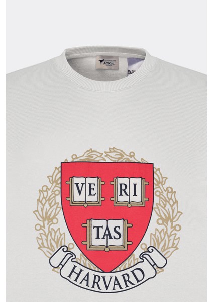Harvard Lisanslı 3 İplik Pamuklu Oversize Fit Bol Kesim Erkek Ekru Bisiklet Yaka Sweatshirt