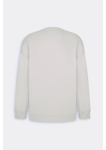 Harvard Lisanslı 3 İplik Pamuklu Oversize Fit Bol Kesim Erkek Ekru Bisiklet Yaka Sweatshirt
