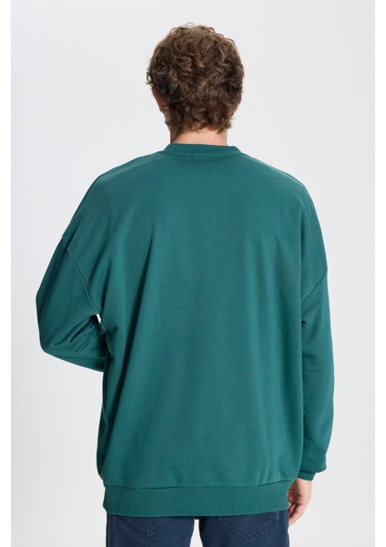 Erkek Koyu Yeşil Oversize Bol Kesim 3 Iplik Bisiklet Yaka Pamuklu Sweatshirt