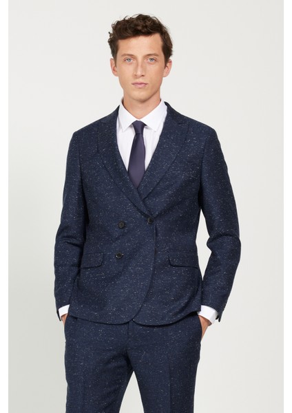 ALTINYILDIZ CLASSICS Erkek Lacivert Slim Fit Dar Kesim Kırlangıç Yaka Tweet Desenli Yünlü Kruvaze Takım Elbise
