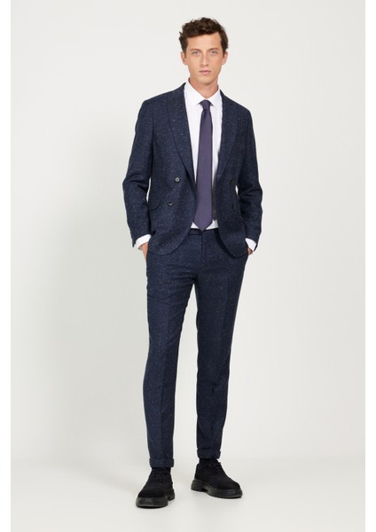 ALTINYILDIZ CLASSICS Erkek Lacivert Slim Fit Dar Kesim Kırlangıç Yaka Tweet Desenli Yünlü Kruvaze Takım Elbise