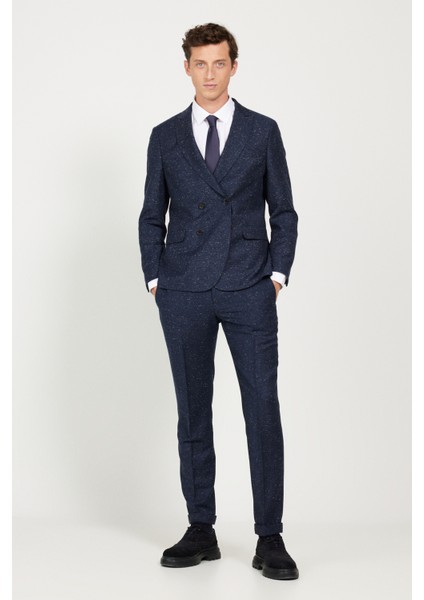 ALTINYILDIZ CLASSICS Erkek Lacivert Slim Fit Dar Kesim Kırlangıç Yaka Tweet Desenli Yünlü Kruvaze Takım Elbise