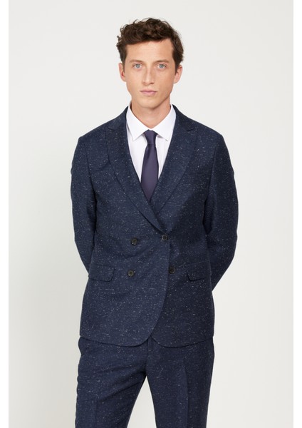 ALTINYILDIZ CLASSICS Erkek Lacivert Slim Fit Dar Kesim Kırlangıç Yaka Tweet Desenli Yünlü Kruvaze Takım Elbise