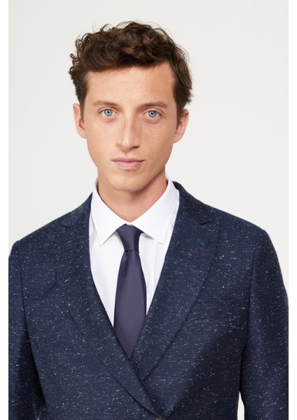 ALTINYILDIZ CLASSICS Erkek Lacivert Slim Fit Dar Kesim Kırlangıç Yaka Tweet Desenli Yünlü Kruvaze Takım Elbise