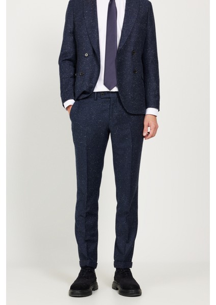 ALTINYILDIZ CLASSICS Erkek Lacivert Slim Fit Dar Kesim Kırlangıç Yaka Tweet Desenli Yünlü Kruvaze Takım Elbise