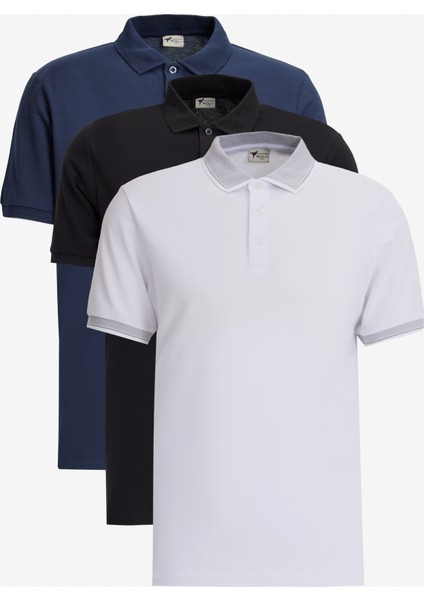 Erkek Siyah-Beyaz- Lacivert 3'lü Çekmeyen Pamuklu Slim Fit Dar Kesim Kıvrılmaz Polo Yaka Tişört