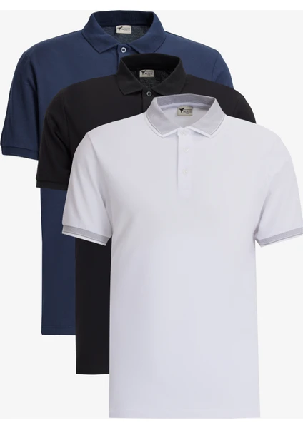 AC&Co / Altınyıldız Classics Erkek Siyah-Beyaz- Lacivert 3'lü Çekmeyen Pamuklu Slim Fit Dar Kesim Kıvrılmaz Polo Yaka Tişört