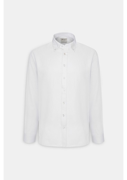 Erkek Beyaz Slim Fit Dar Kesim Oxford Uzun Düğmeli Yaka Armürlü Gömlek