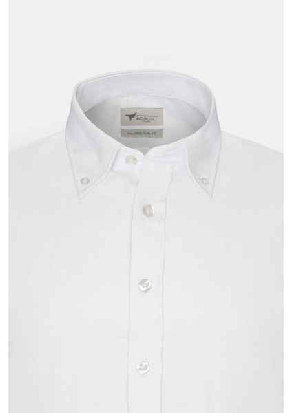 Erkek Beyaz Slim Fit Dar Kesim Oxford Uzun Düğmeli Yaka Armürlü Gömlek