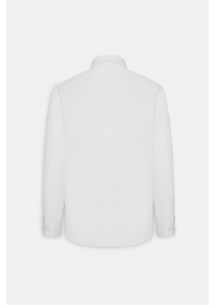 Erkek Beyaz Slim Fit Dar Kesim Oxford Uzun Düğmeli Yaka Armürlü Gömlek