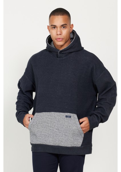Erkek Indigo Melanj Oversize Bol Kesim Içi Polarlı 3 Iplik Kapüşonlu Sweatshirt