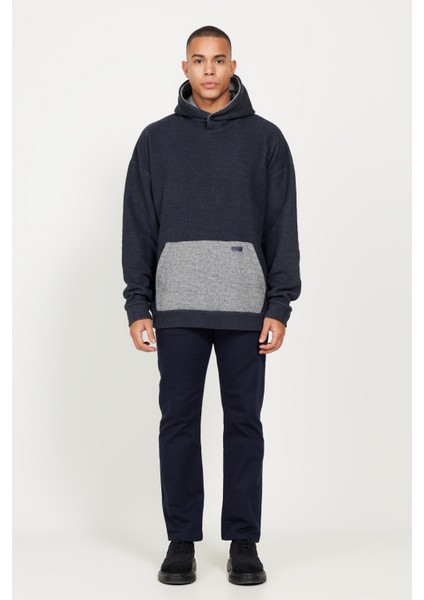 Erkek Indigo Melanj Oversize Bol Kesim Içi Polarlı 3 Iplik Kapüşonlu Sweatshirt