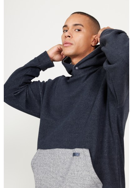 Erkek Indigo Melanj Oversize Bol Kesim Içi Polarlı 3 Iplik Kapüşonlu Sweatshirt