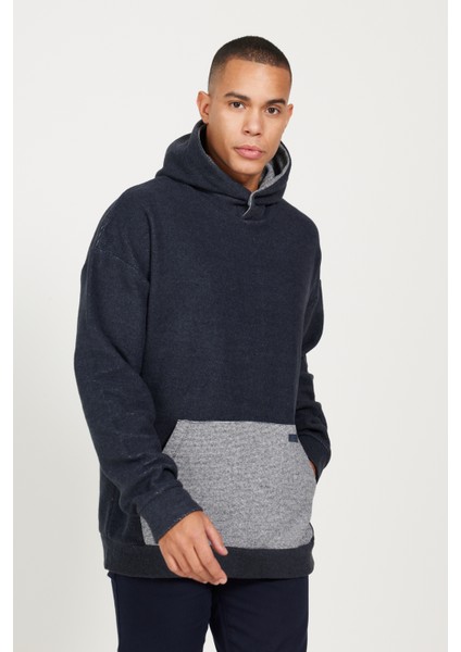 Erkek Indigo Melanj Oversize Bol Kesim Içi Polarlı 3 Iplik Kapüşonlu Sweatshirt