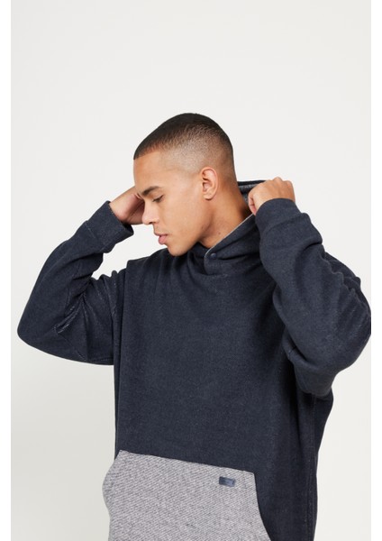 Erkek Indigo Melanj Oversize Bol Kesim Içi Polarlı 3 Iplik Kapüşonlu Sweatshirt