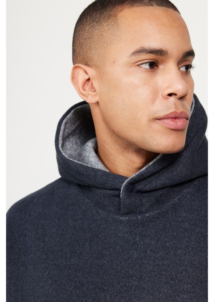 Erkek Indigo Melanj Oversize Bol Kesim Içi Polarlı 3 Iplik Kapüşonlu Sweatshirt